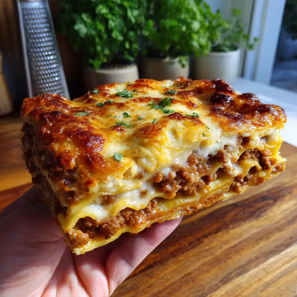Lasagne Rezept Original mit saftiger Bolognese, cremiger Béchamel und goldbrauner Käsekruste, ein Stück frisch in der Hand gehalten.