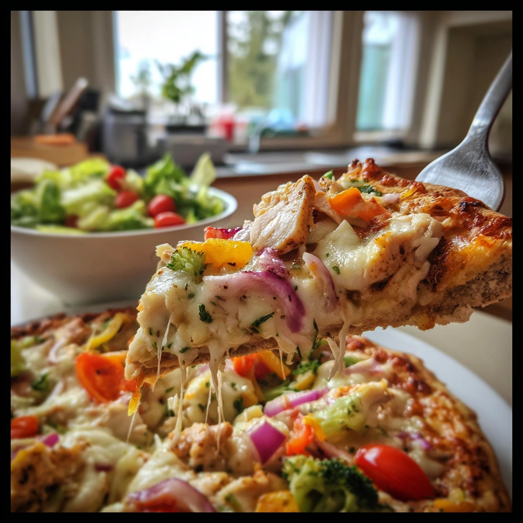 Kalorien pizza aus Vollkornteig mit Hähnchenstreifen, Mozzarella und buntem Gemüse.