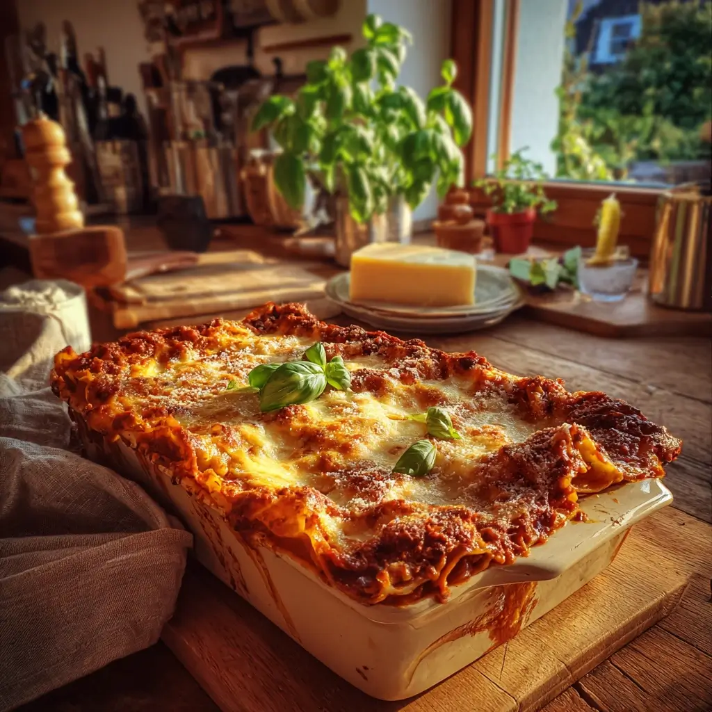Lasagne Rezept Original mit goldbrauner Kruste auf einem Holztisch serviert, daneben Rotwein und Salat.