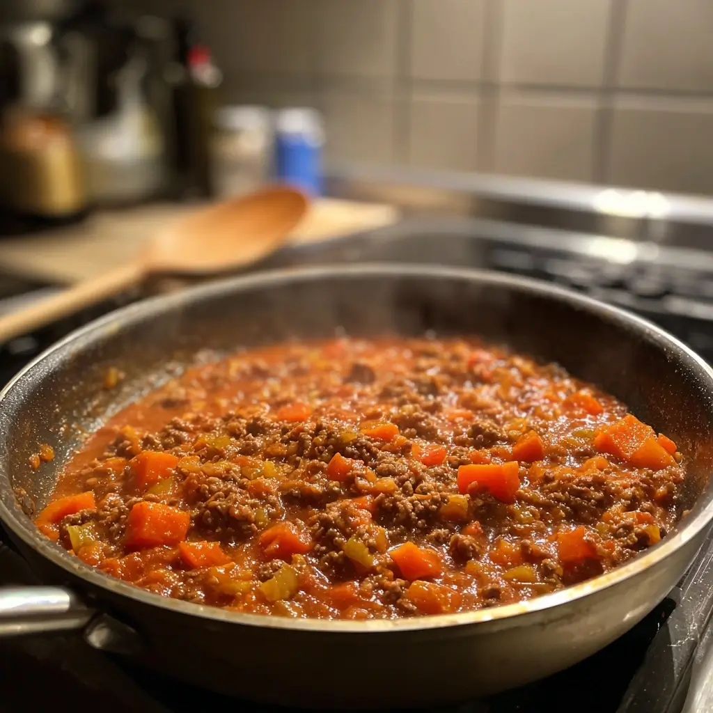 Bolognese-Soße für das Lasagne Rezept Original köchelt in einer Pfanne mit Tomaten, Karotten, Sellerie und Hackfleisch.