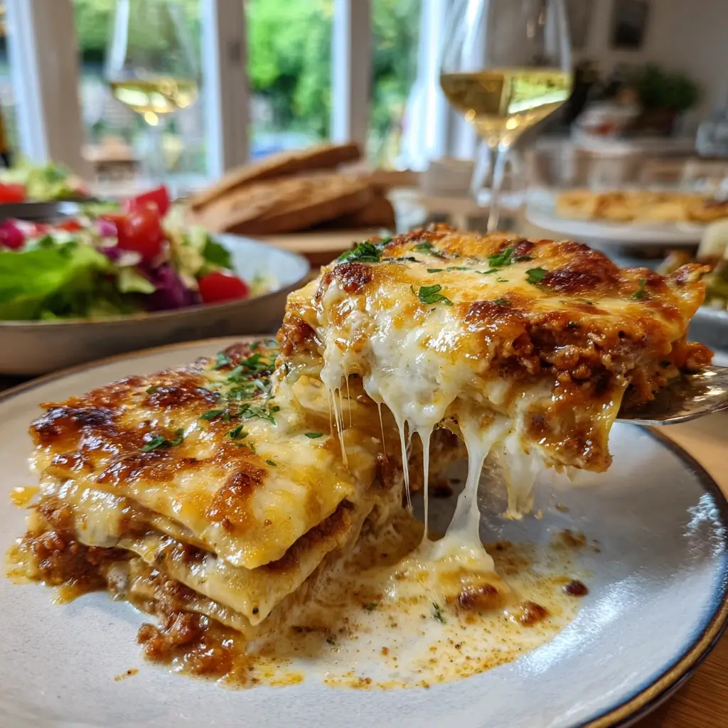 servierte lasagne rezepte auf einem weißen Teller mit geschmolzenem Käse und Familienessen im Hintergrund