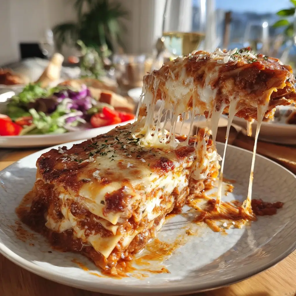 Frisch gebackene Lasagne mit goldbrauner Kruste auf einem rustikalen Holzbrett – authentische lasagne rezepte für zuhause