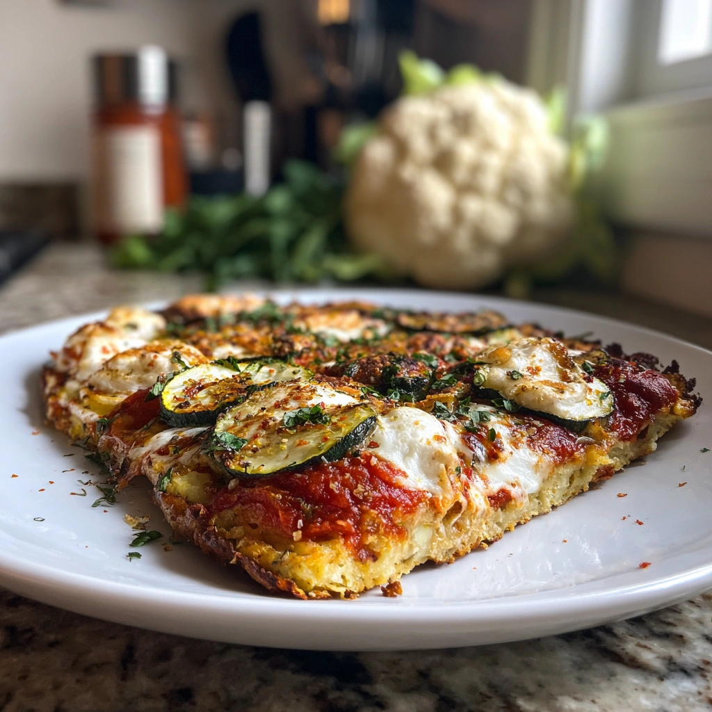 Kalorien pizza mit Blumenkohlboden, belegt mit Tomatensauce, Mozzarella und frischem Gemüse.