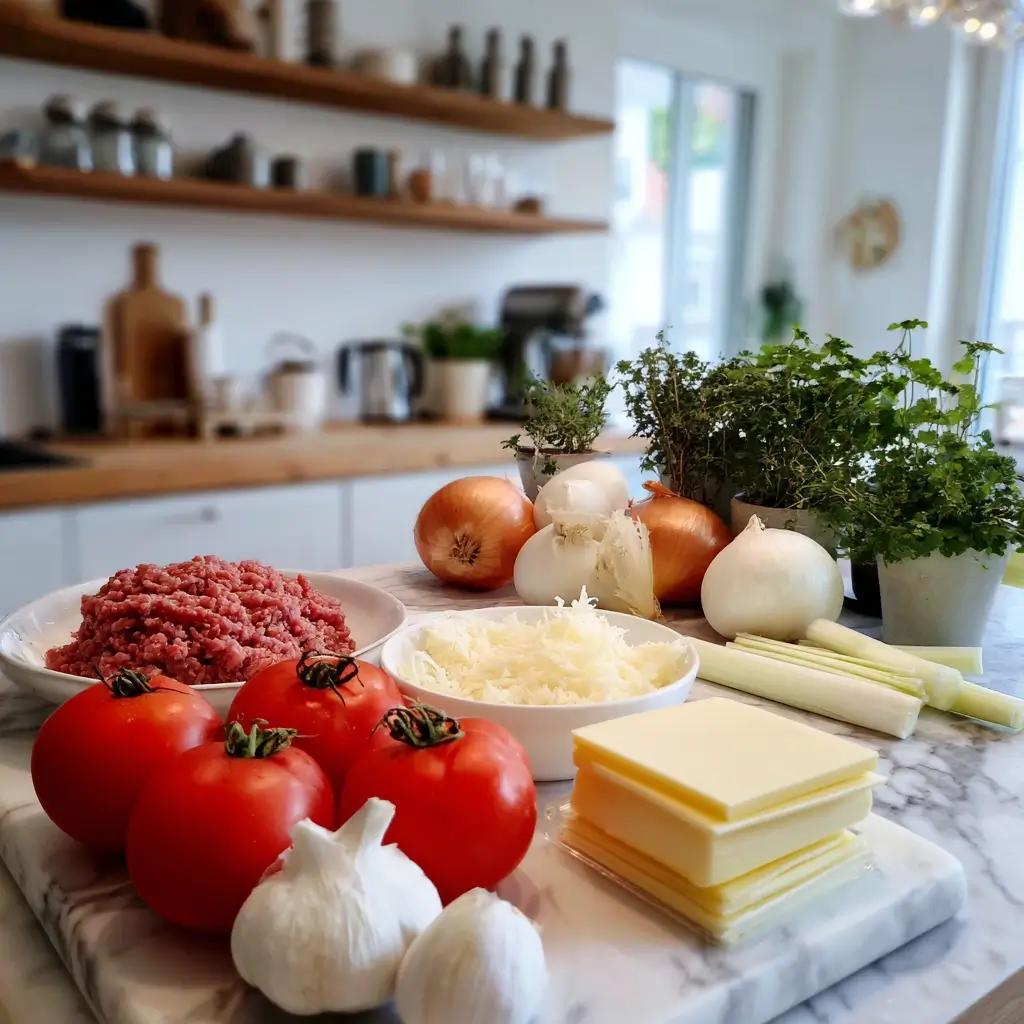 Frische Zutaten für rezept lasagne auf Holzbrett