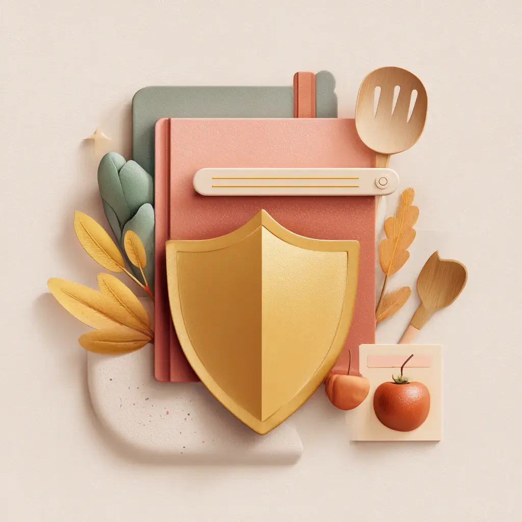 Realistische Darstellung einer sicheren Arbeitsfläche mit Laptop, Schloss und Rezeptbuch als Symbol für Datenschutz auf einem Kochblog – optimiert für die Datenschutzerklärung.