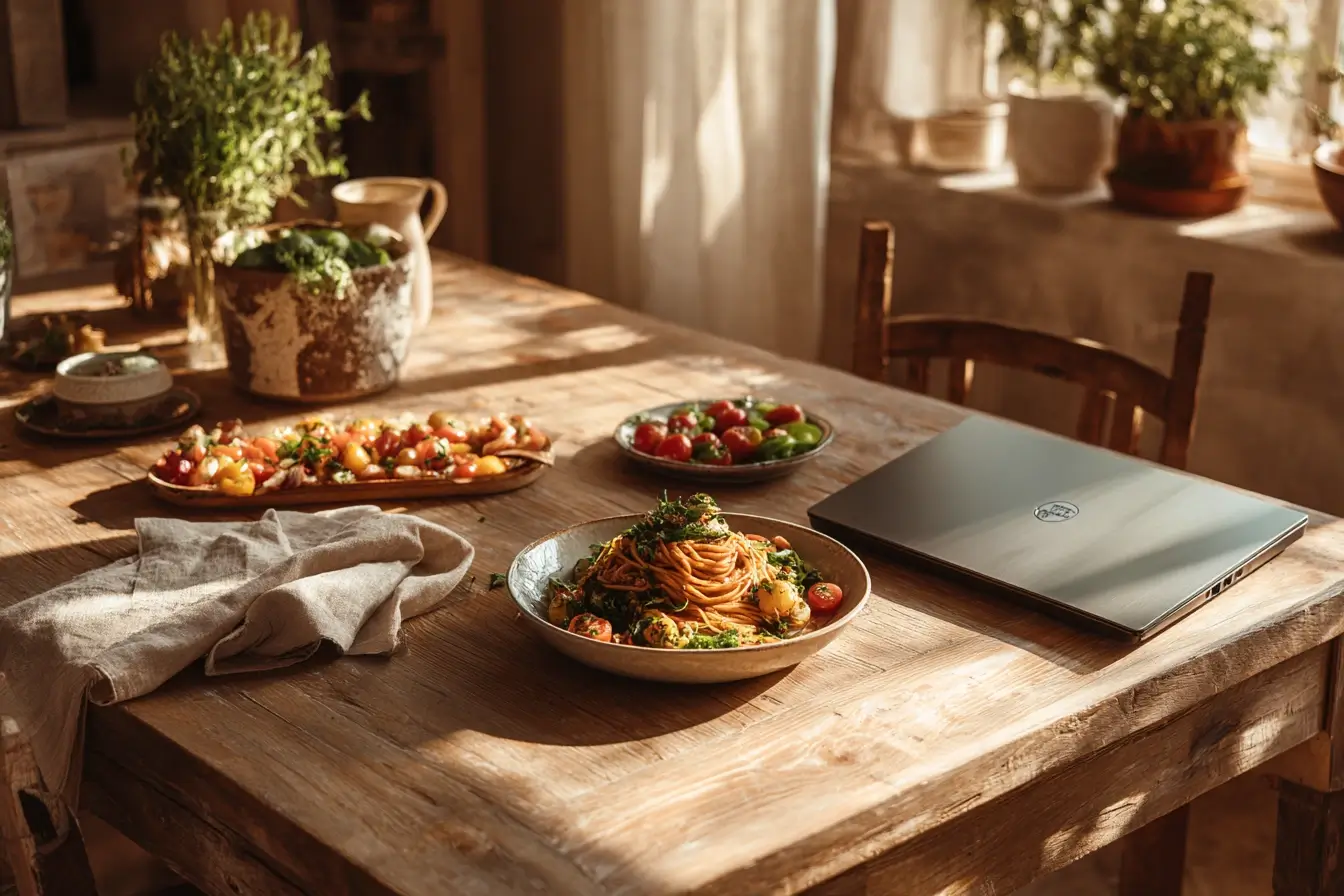 Realistische Darstellung einer Küche mit fertig angerichteten Rezepten und einem Laptop mit Schloss als Symbol für klare und sichere Nutzungsbedingungen.