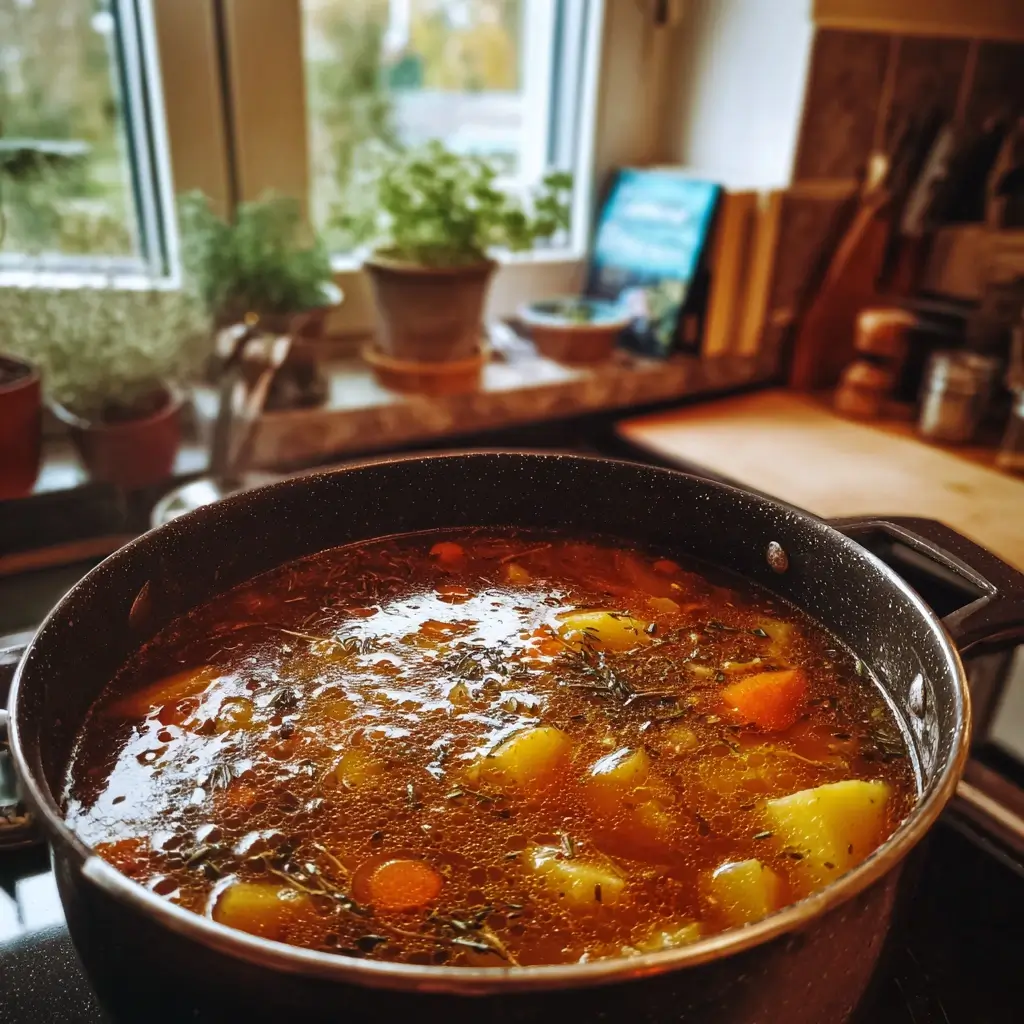 Kartoffelgulasch Rezept beim Köcheln im Topf: Kartoffeln, Karotten und Paprika-Sud sichtbar in cremiger Konsistenz.