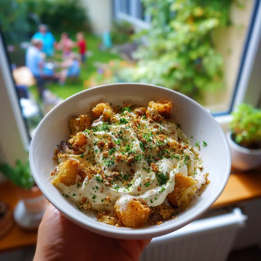 Fertige cremige Schwarzwurzelsuppe mit Sahne und Kräutern als Ergebnis des Schwarzwurzel Rezept.