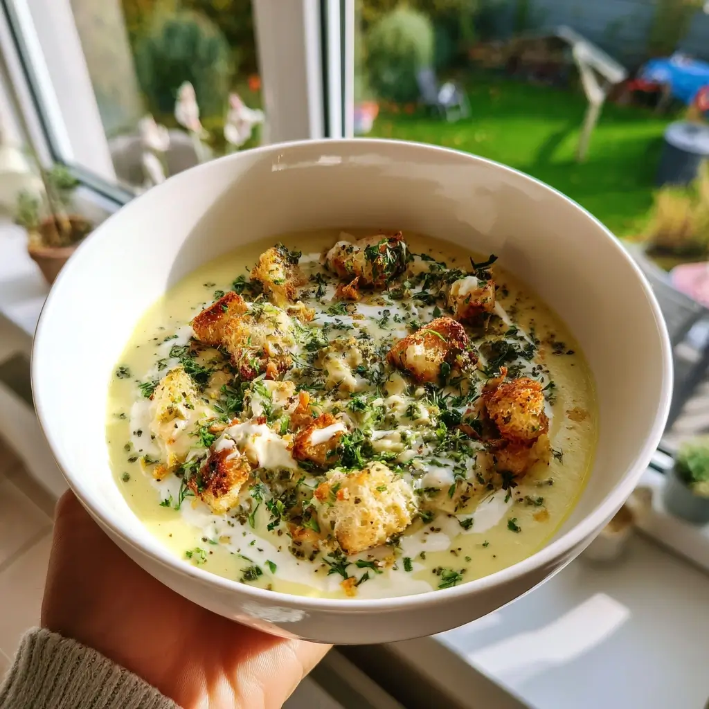 Cremige Schwarzwurzelsuppe mit knusprigen Croutons und Kräutern, serviert in einer weißen Schüssel als Teil des Schwarzwurzel Rezept.