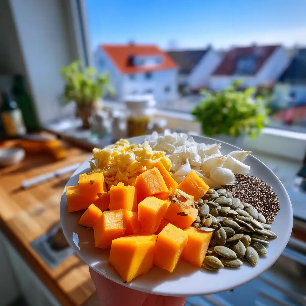 Frische Zutaten wie Hokkaido, Zwiebeln, Ingwer und Sahne für ein Kürbiscremesuppe Rezept auf einem hellen Küchentisch.