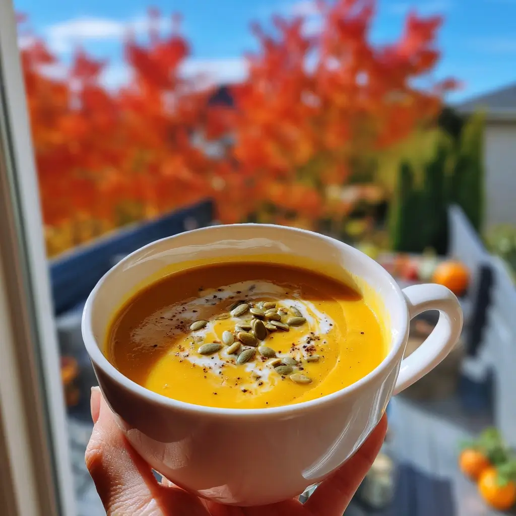 Cremige Suppe in einer weißen Schale mit Kürbiskernöl und gerösteten Kernen, perfekt präsentiert für ein Kürbiscremesuppe Rezept.