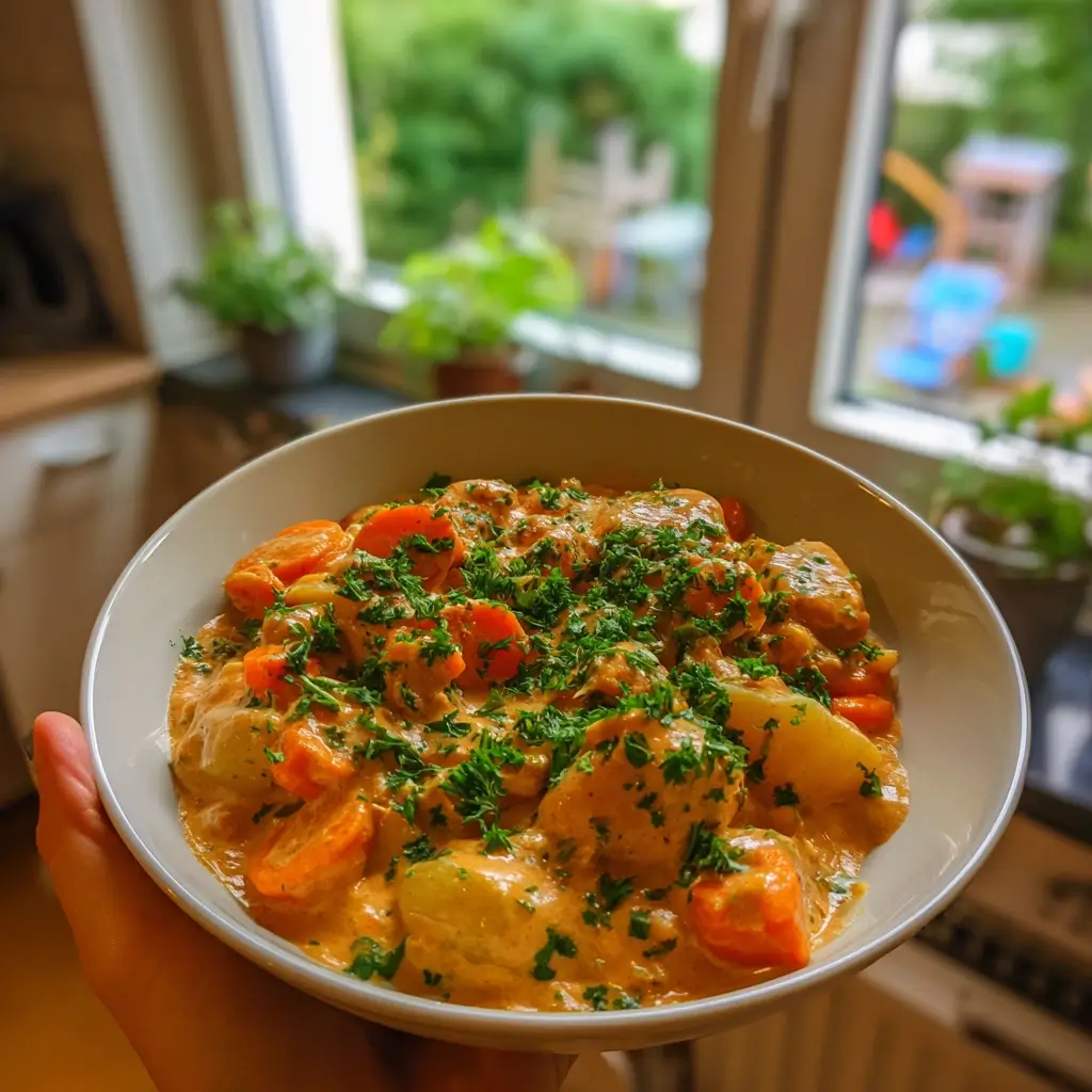 Serviertes Kartoffelgulasch Rezept in einer Schüssel, mit cremiger Sauce, Karotten und Kartoffeln, garniert mit frischer Petersilie vor einem Küchenfenster.