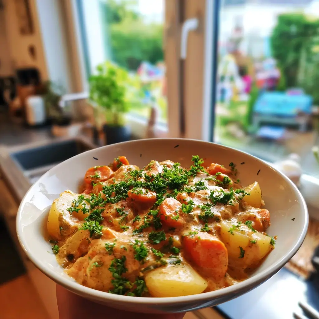 Serviertes Kartoffelgulasch Rezept in einer tiefen Schüssel mit frischer Petersilie und cremiger Sauce, warm präsentiert.