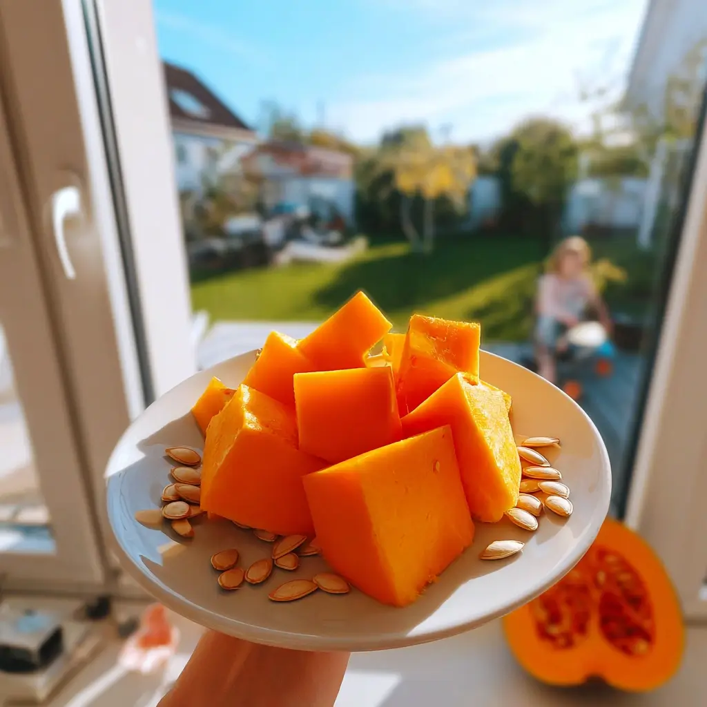Vorbereitete Kürbisstücke und ein halbierter Hokkaido auf einem Teller für ein Kürbiscremesuppe Rezept.