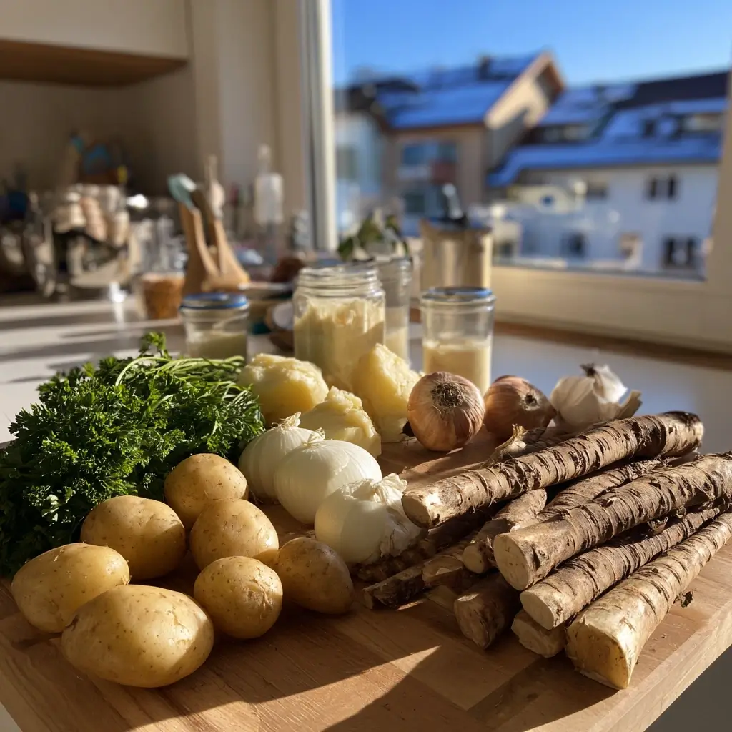 Zutaten für das Schwarzwurzel Rezept auf einem Küchenbrett, inklusive Schwarzwurzel, Kartoffeln, Zwiebeln und Sahne.