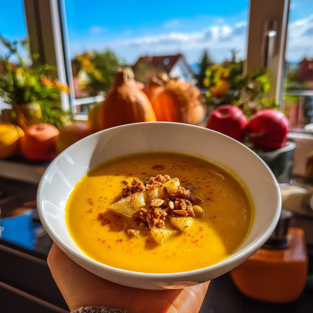 Kürbiscremesuppe mit Apfel-Note, cremig serviert, als Variante eines Kürbiscremesuppe Rezepts.