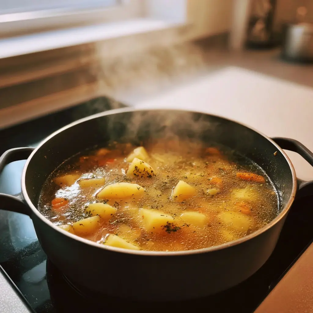 Schwarzwurzelstücke und Kartoffeln kochen in Gemüsebrühe für das Schwarzwurzel Rezept.
