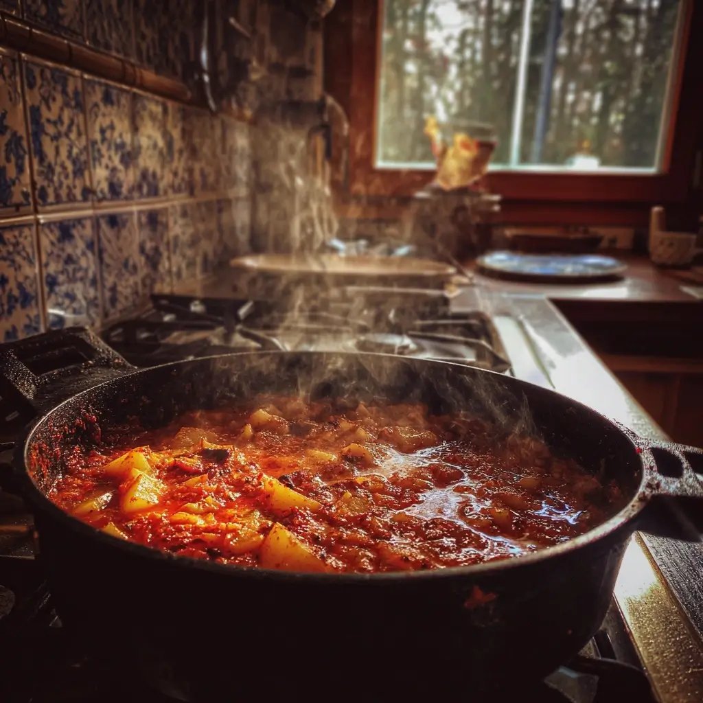 Zwiebeln und Paprikapulver beim Anrösten im Topf als Schritt im Kartoffelgulasch Rezept, mit aromatischer Dampfentwicklung.
