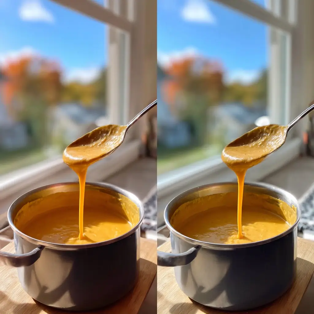 Cremige Suppe wird im Topf püriert – ein zentraler Schritt im Kürbiscremesuppe Rezept.