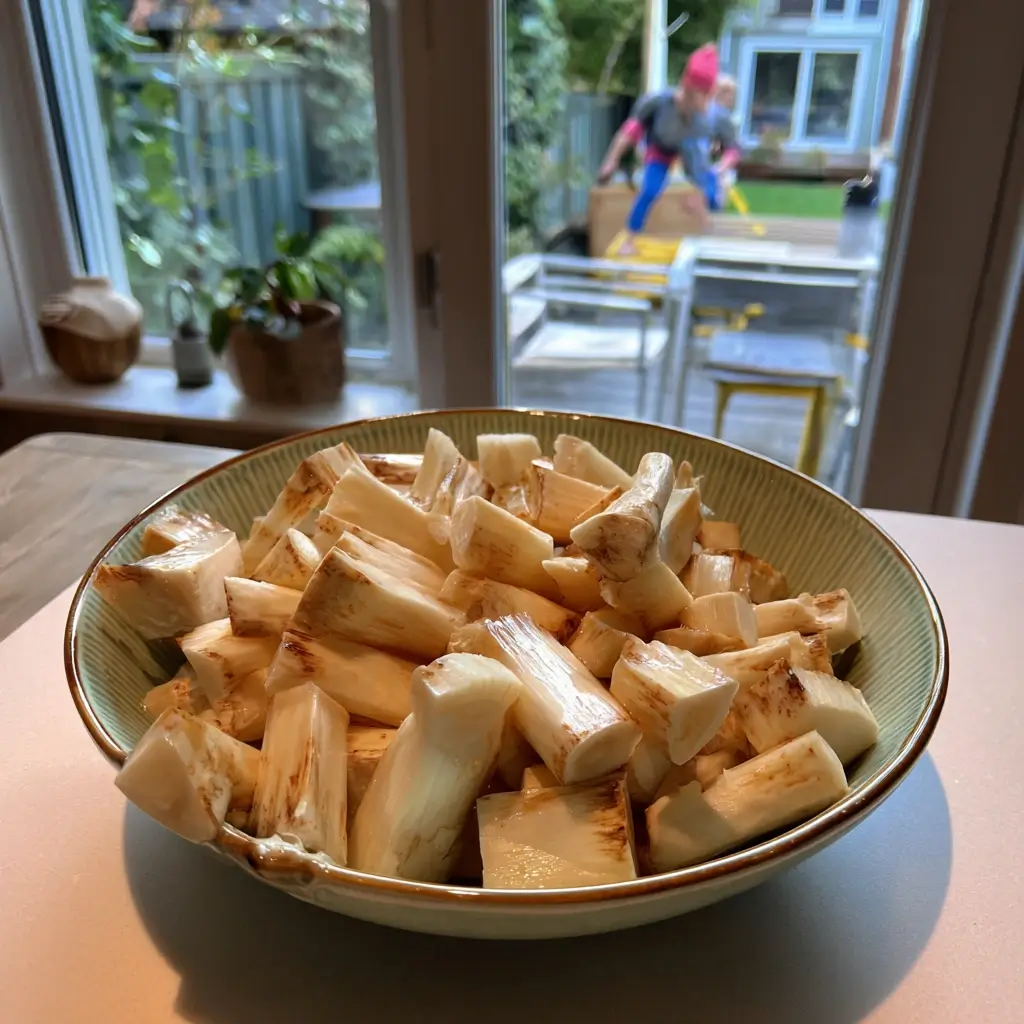 Geschälte Schwarzwurzeln in Zitronenwasser als Vorbereitung für das Schwarzwurzel Rezept.