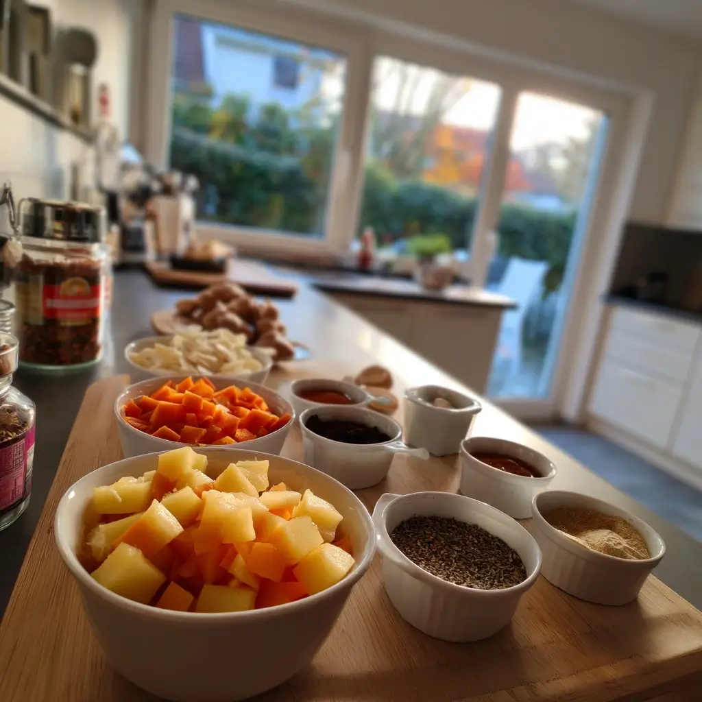 Zutaten für ein Kartoffelgulasch Rezept als Flatlay: Kartoffeln, Karotten, Zwiebeln, Paprikapulver, Tomatenmark und Gemüsebrühe.