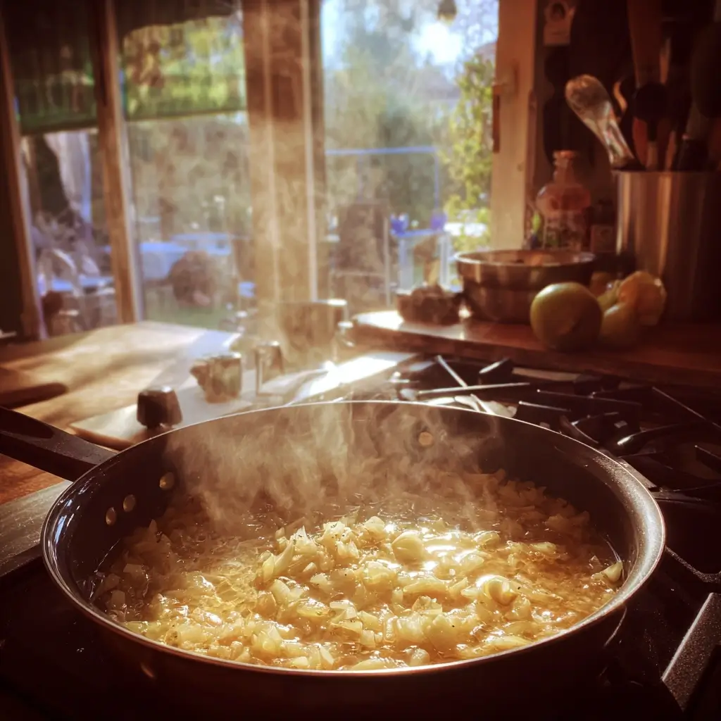 Zwiebeln und Knoblauch werden in Butter angebraten als erster Kochschritt im Schwarzwurzel Rezept.