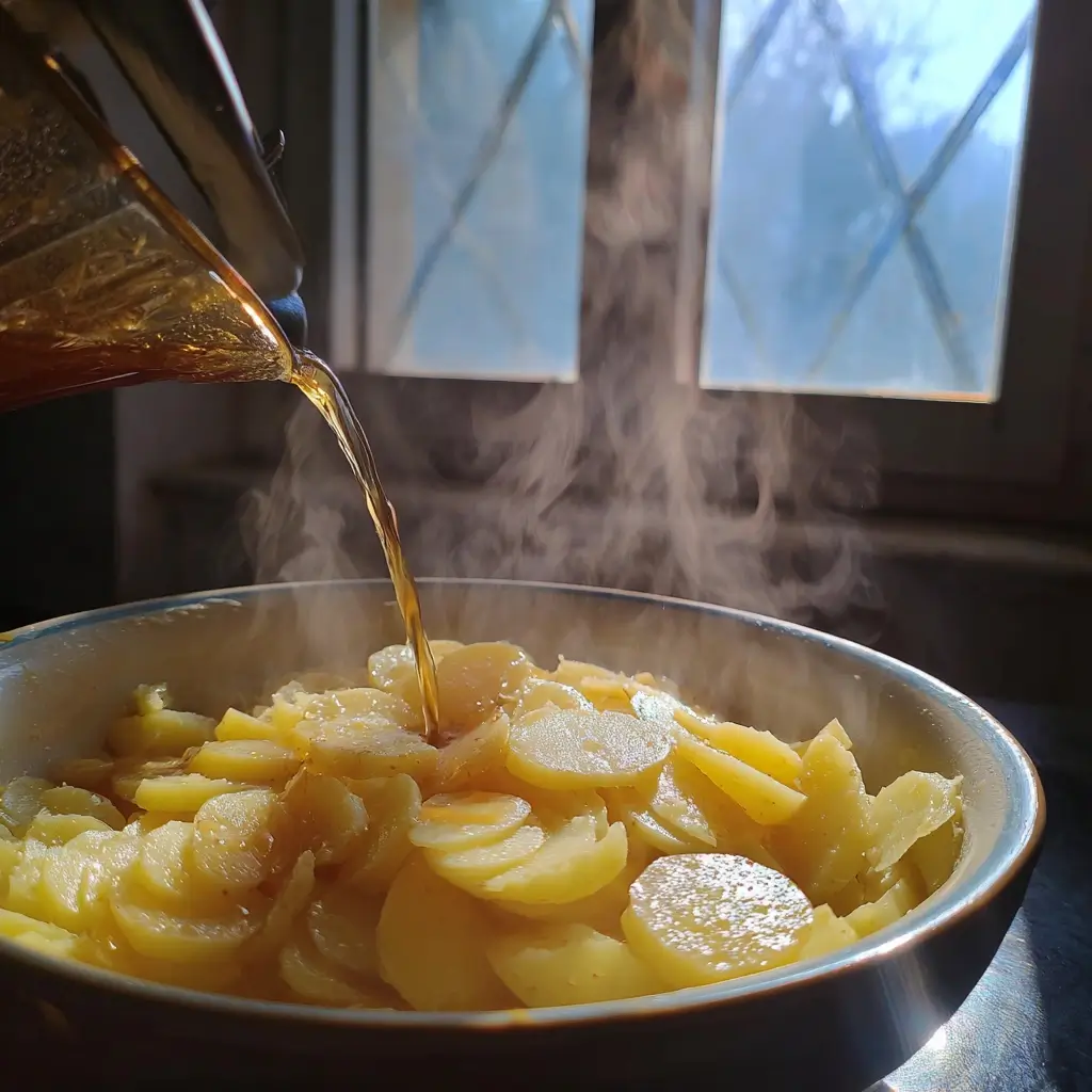 salat rezepte warme brühe wird über kartoffeln gegossen