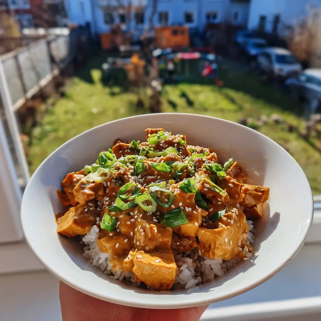 rezept erdnusssauce mit reis bowl gemüse und tofu serviert