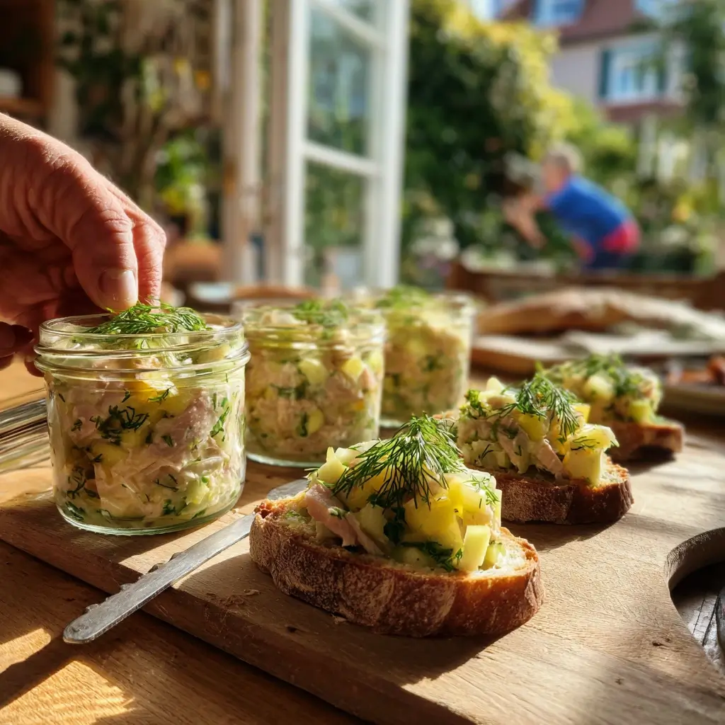 Matjessalat rezept serviert in Gläsern und auf Brot als kreative Präsentation
