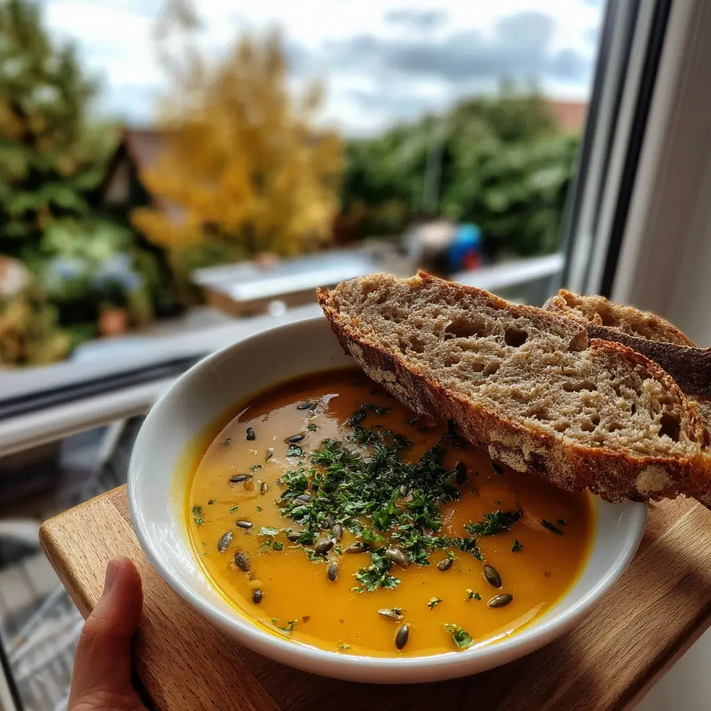 wetter essen kürbissuppe herbst fenster küche warme atmosphäre