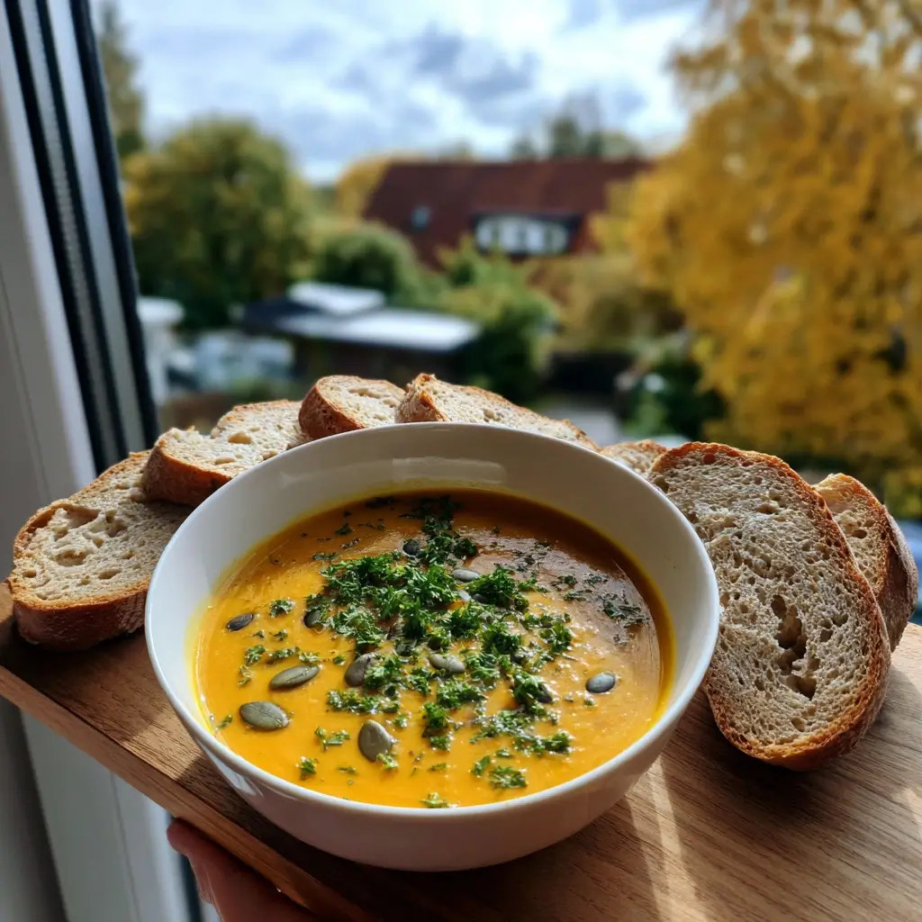 wetter essen kürbissuppe mit brot serviert
