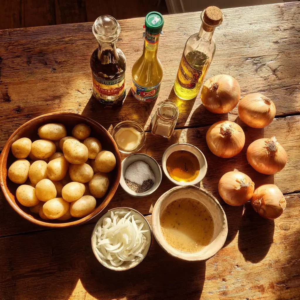 salat rezepte zutaten für klassischen kartoffelsalat auf einem tisch