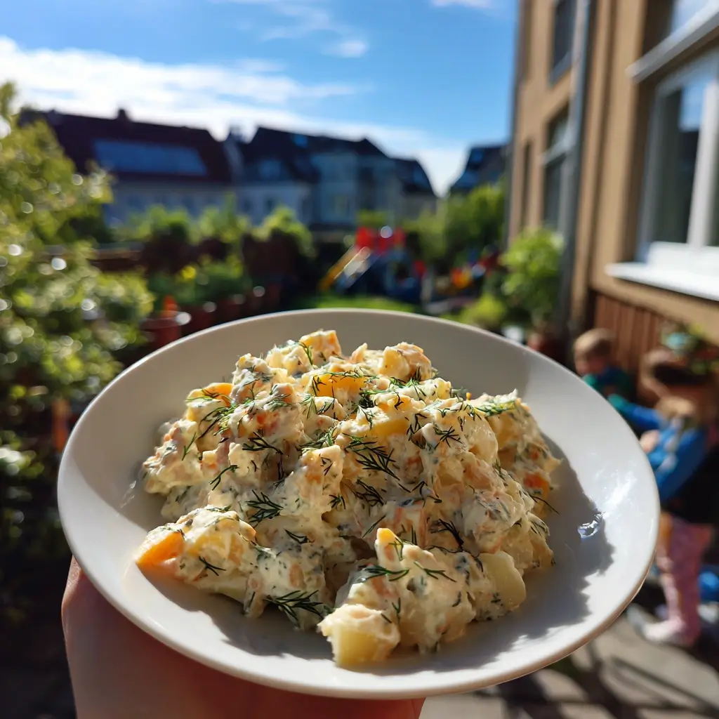 rezept für matjessalat mit saurer sahne auf teller im hellen küchenlicht