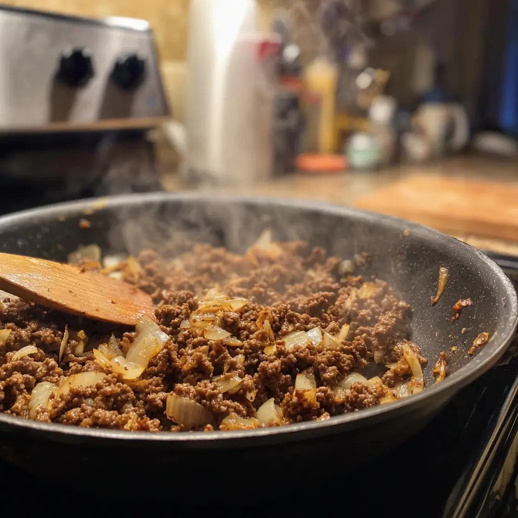 taco rezept hackfleisch wird in pfanne gebraten