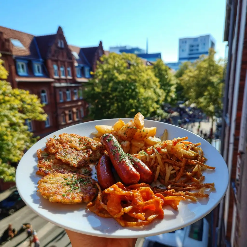 metro essen Ruhrpott Rezepte mit Currywurst Reibekuchen und Frikadellen auf einem Tisch