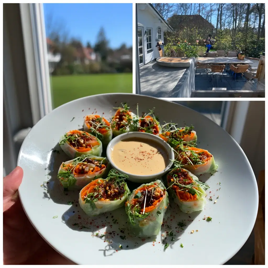 rezept erdnusssauce serviert mit sommerrollen als dip