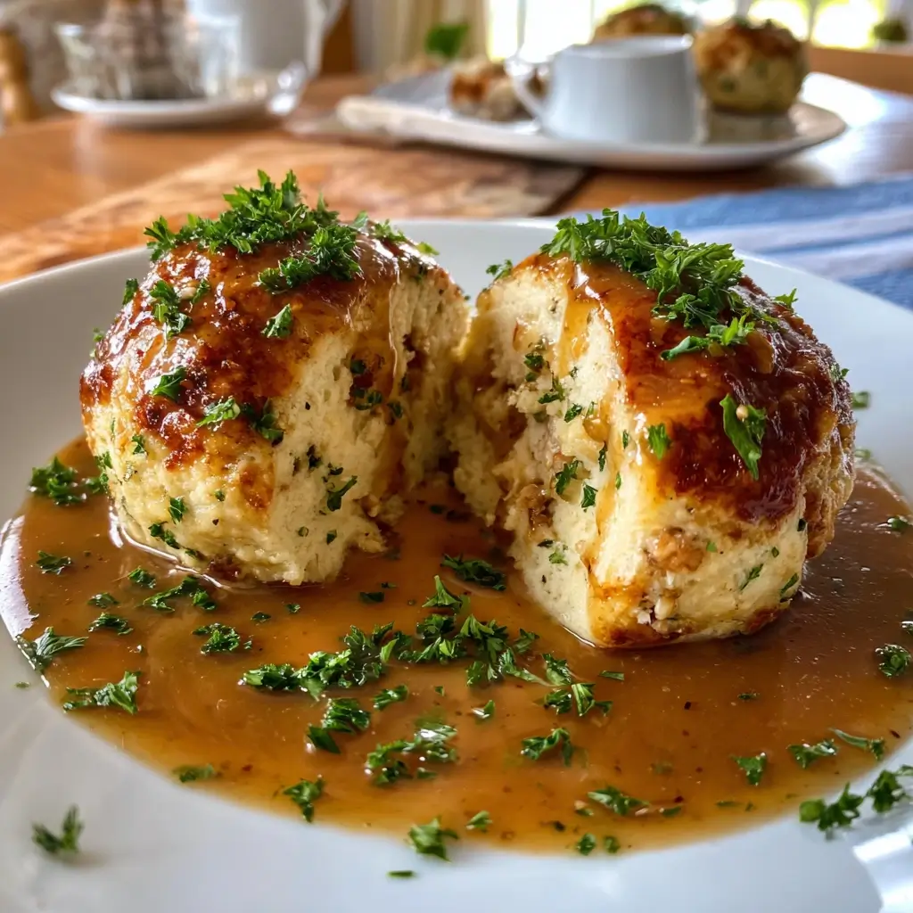 rezept semmelknödel serviert mit soße und petersilie