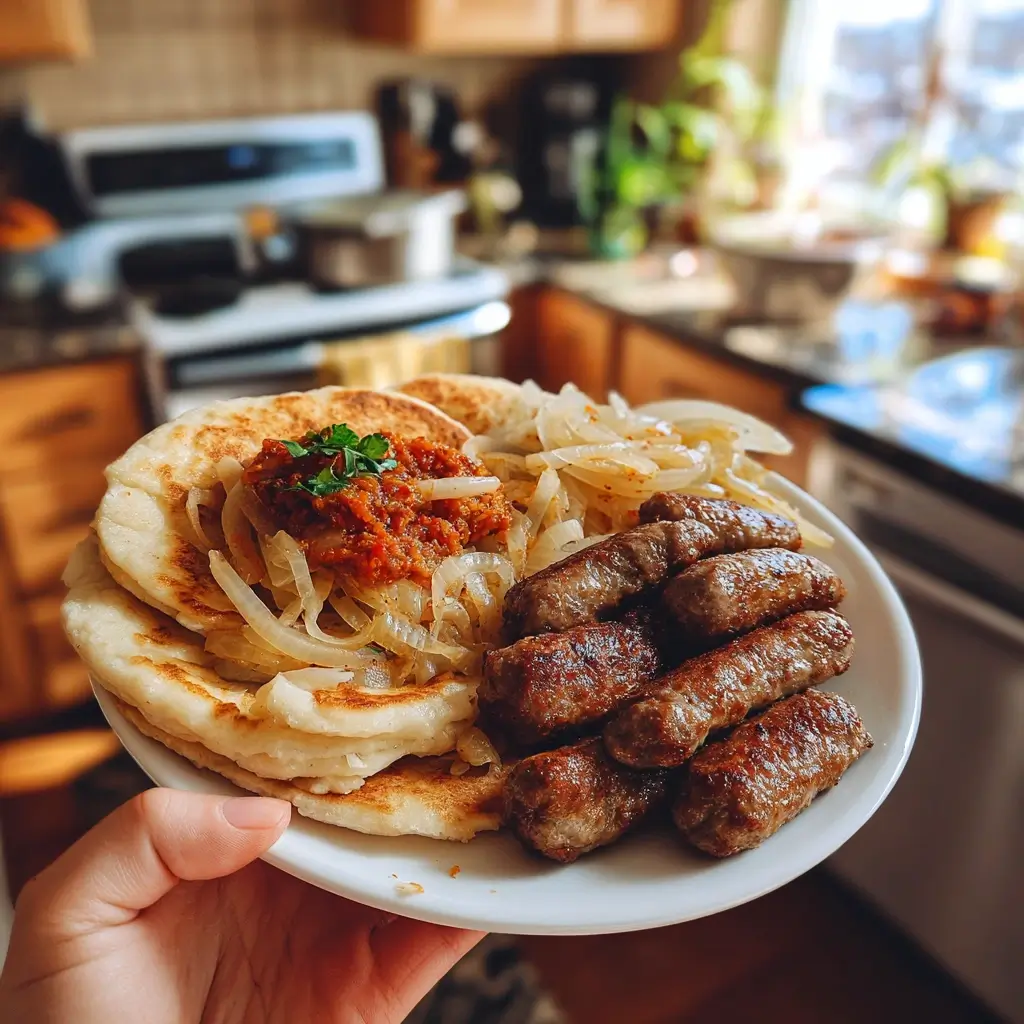 rezept cevapcici serviert mit brot zwiebeln und ajvar