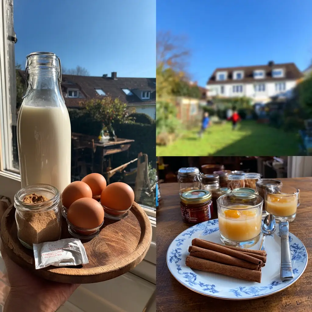 rezept eierpunsch zutaten milch eigelb zucker sahne und zimt auf tisch