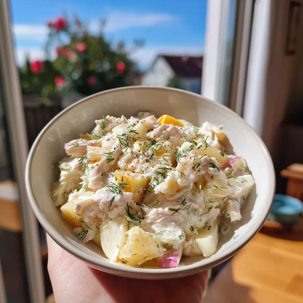matjessalat rezepte klassischer norddeutscher matjessalat mit apfel und dill in schüssel