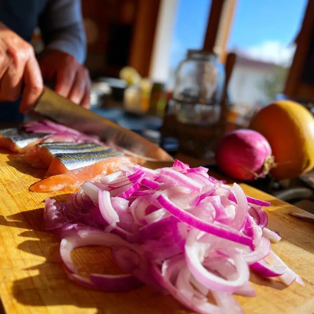 rezept für matjessalat zutaten schneiden zwiebel apfel matjes