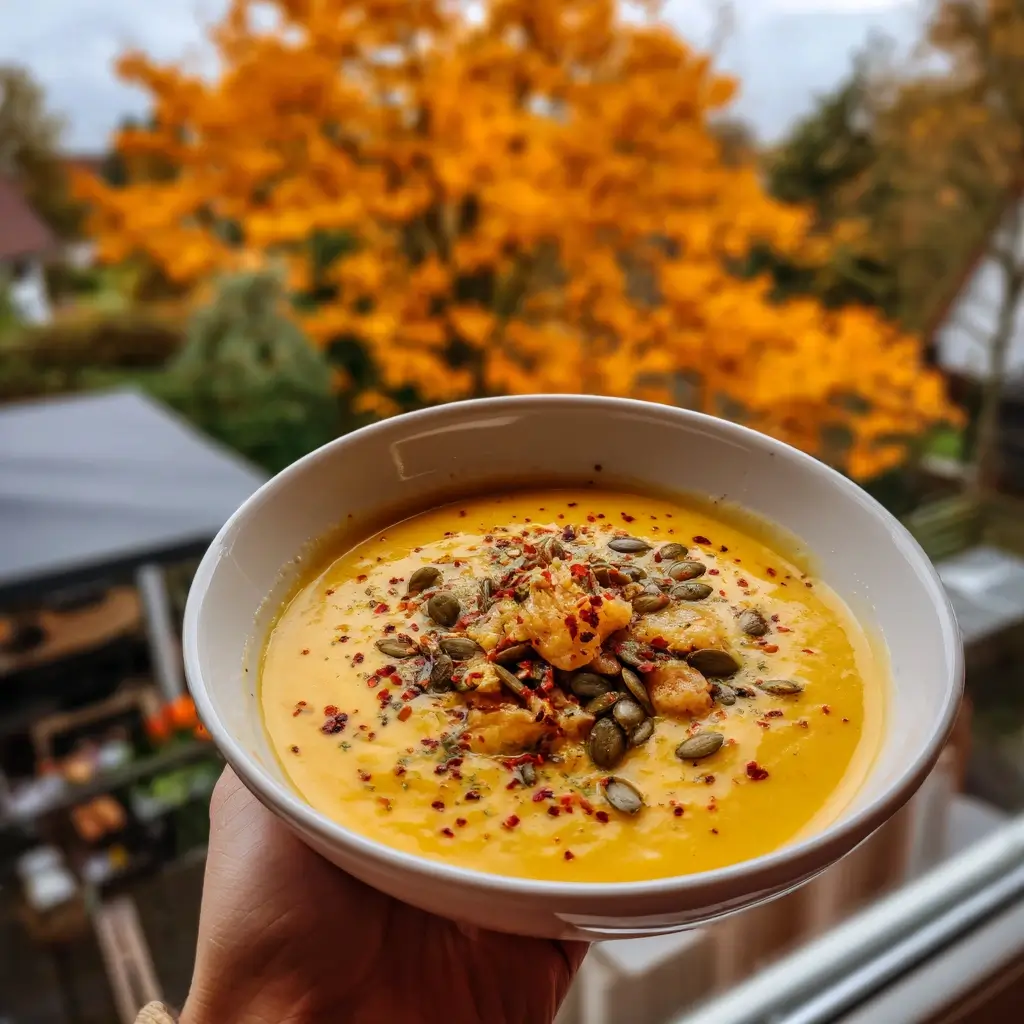 wetter essen kürbissuppe mit kürbiskernen und gewürzen