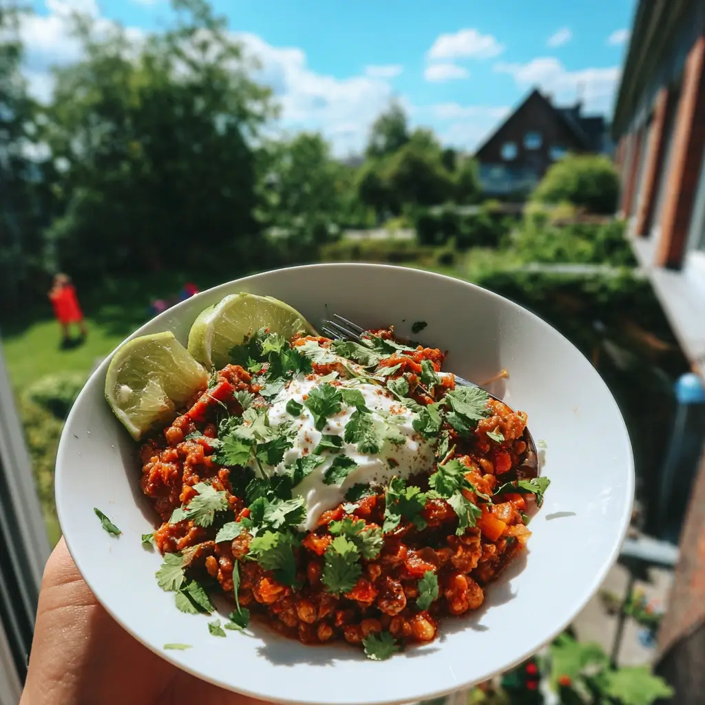 chili sin carne rezept angerichtet mit koriander limette vegan