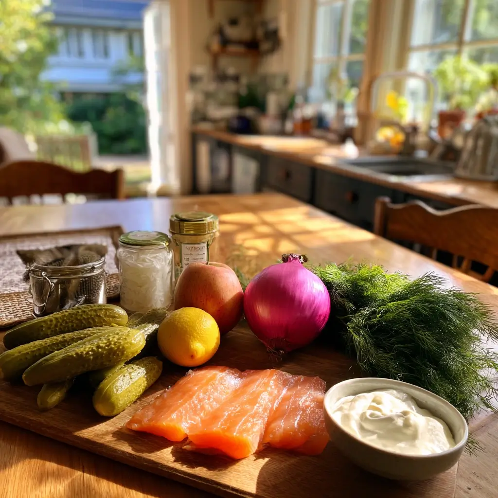 rezept matjessalat Zutaten mit Matjes Apfel Zwiebel und Dill auf Tisch