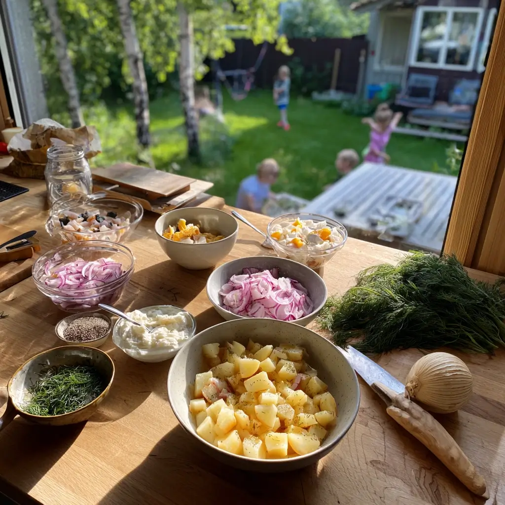 Frische Zutaten für matjessalat rezept mit Matjes Apfel Zwiebel Dill und Joghurt