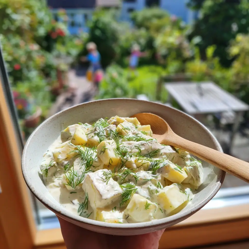 Cremiges matjessalat rezept wird in einer Schüssel vorsichtig vermischt