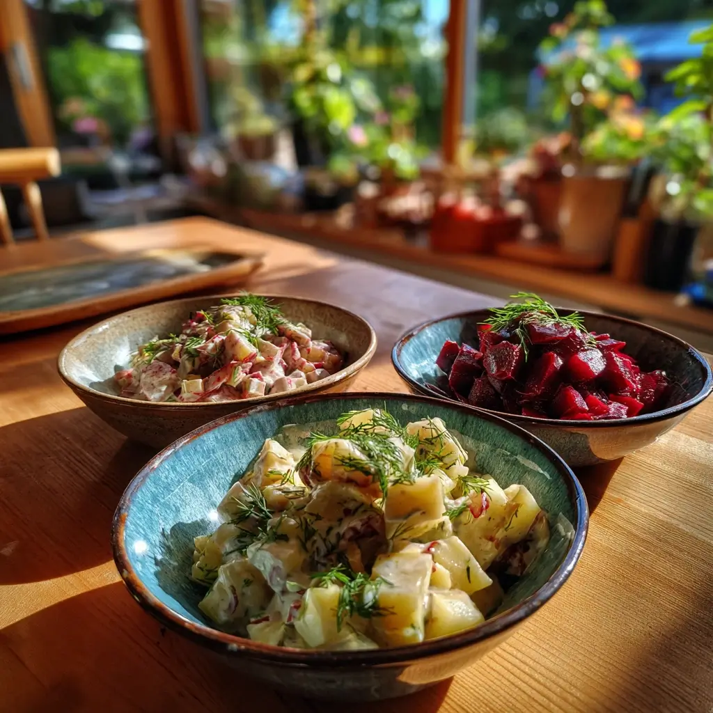 rezept matjessalat serviert mit Pellkartoffeln und Dill