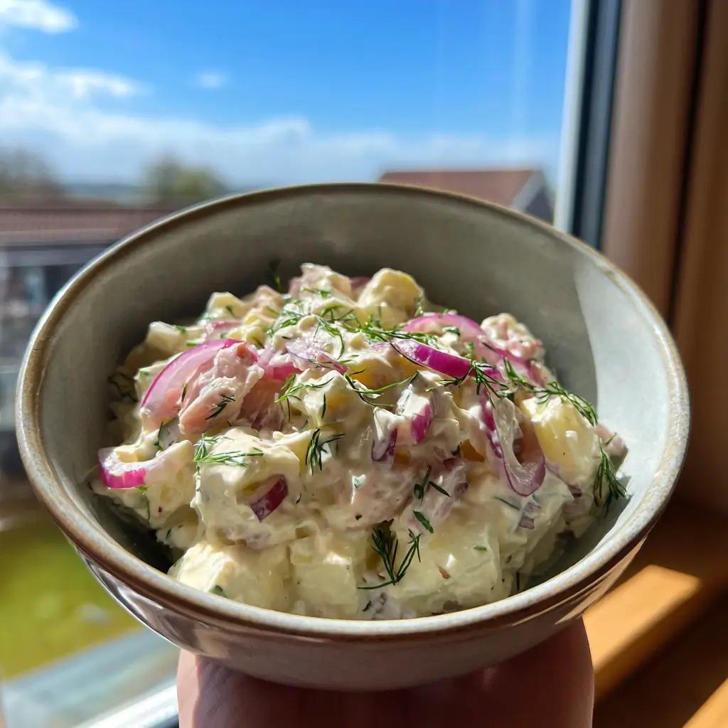 Cremiges matjessalat rezept klassisch zubereitet in rustikaler Schüssel mit Dill und Apfel