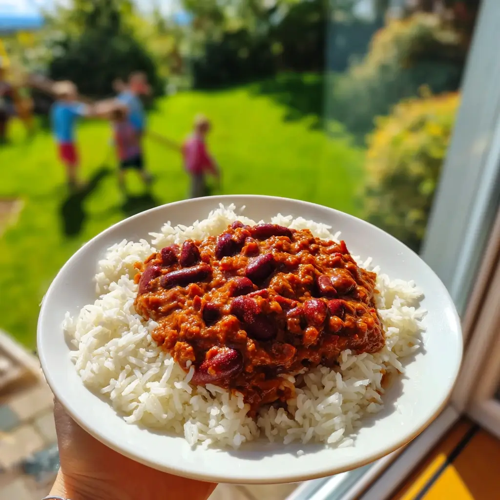 chili sin carne rezept mit reis serviert auf teller