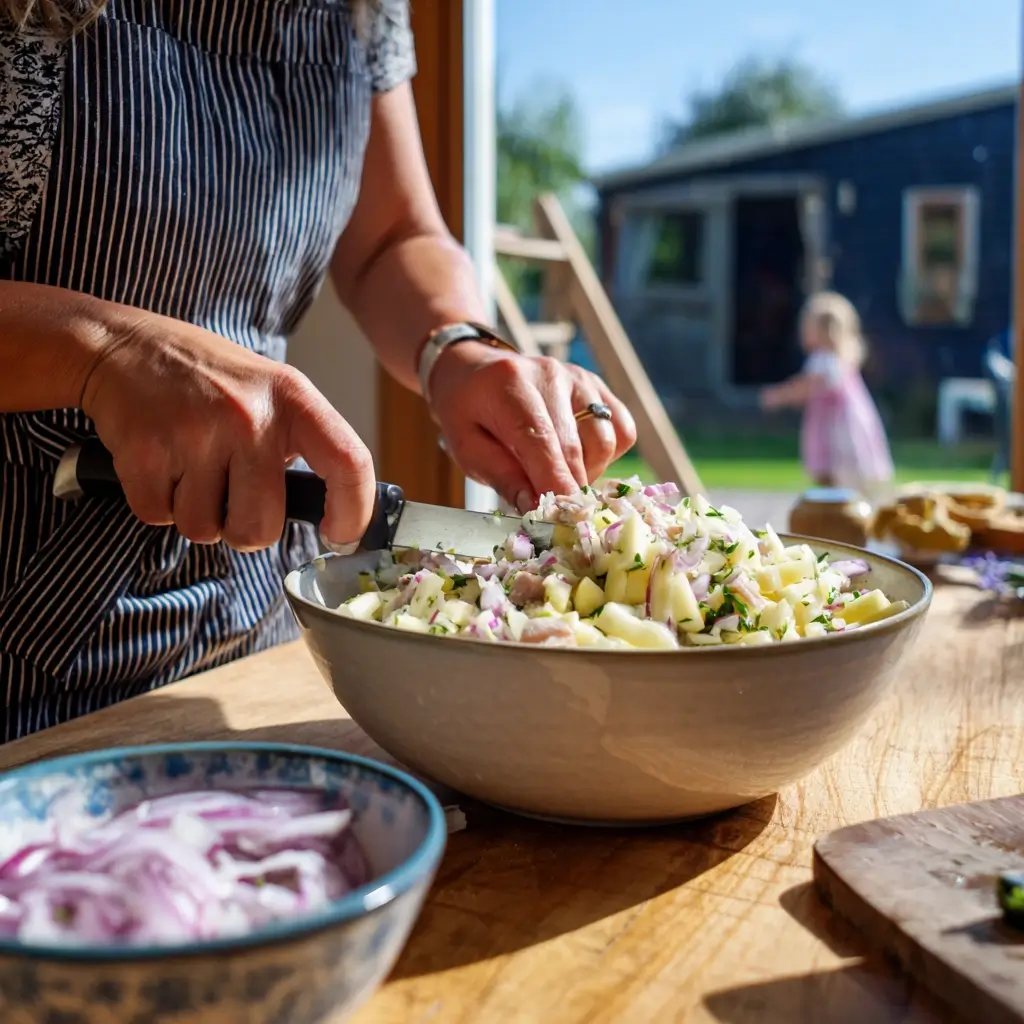 Zubereitung von matjessalat rezept beim Schneiden von Matjes Apfel und Zwiebeln